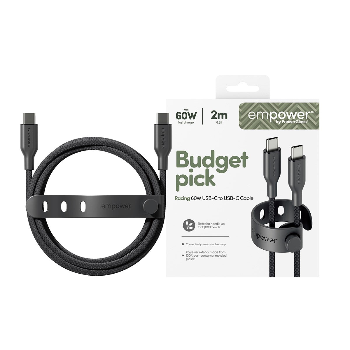 empower by PanzerGlass® Racing 60W USB-C to USB-C Kabel | USB 2.0 | 2M | Space Black